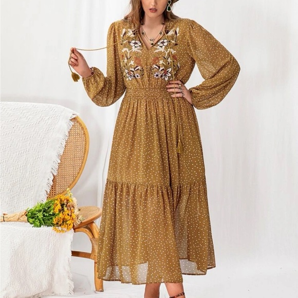 Dresses & Skirts - Boho Plus Size Embroidery Ruffle Hem Dress Without Belt Yellow Mustard